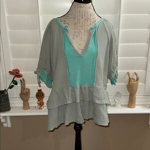 POL Tiered Baby Doll Tunic Top Aqua Sage Colorblock